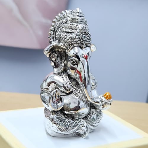 Image of ARNAVIRA 999 Silver Plated Antique Vastu Kamdhenu Cow with Calf Idol with Lakshmi Remedy for Wedding & Housewarming Gift | Pooja Room Height 2.5 Inch (999 Silver, Medium, Lord Ganesha)