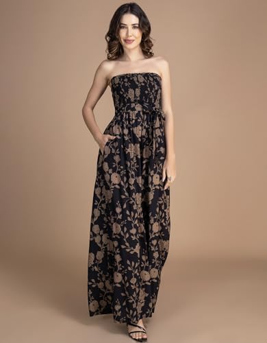Image of Moomaya Women's Off-Shoulder Printed Rayon Jumpsuit | Sleeveless Indo-Western Romper With Fabric Belt & Pockets