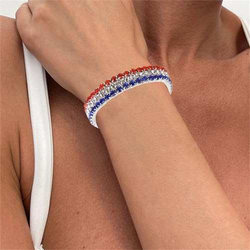Image of Dreuyet American Flag Rhinestone Bracelet Red White Blue Crystal Patriotic 4th of July Shiny Decorations USA Independence Day Jewelry