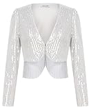 Kate Kasin Sequin Cropped Coat for Women Jacket Open Front Bolero Coat Long Sleeve Formal Shrug Silver M