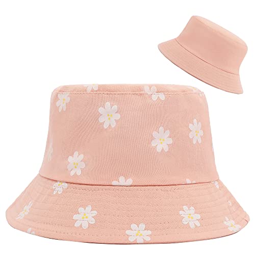 Reversible Womens Bucket Hat, Summer Fashion Fisherman Beach Sun Hats, Flower Pink, One size