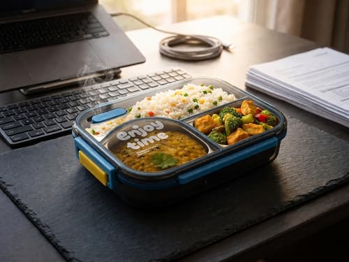Image of Premium Stainless Steel Bento Lunch Box | Leakproof 3 Compartment Tiffin Container with Secure Lock Lid | BPA-Free Food Storage Box for School, Office & Travel (with Spoon Fork Set)