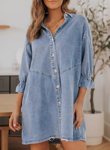 Sidefeel Womens Smocked 3 4 Sleeve Button Down Denim Jeans Dresses4