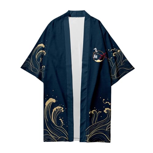 Mens Loose 3/4 Wide Sleeve Kimono Longline Yukata Robe Gown Tops Shirt Haori Coat Japanese Style3