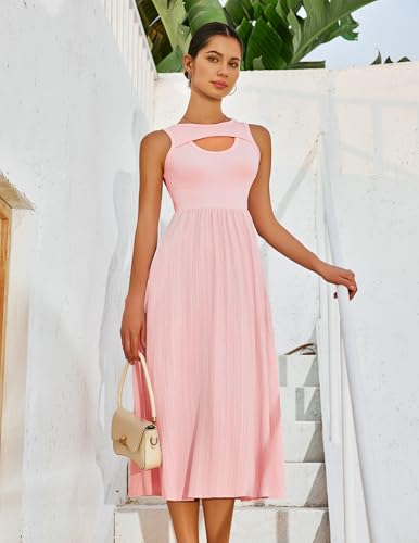 Image of BeryLove Casual Midi Tank Dress Summer Ribbed Knit Pleated Dresses with Pockets