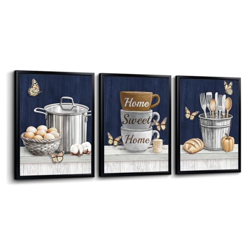 Nachic Wall Kitchen Wall Art Set of 3 Home Sweet Home Coffee Cups Picture Painting Farmhouse Navy Blue and Brown Decor (Blue)