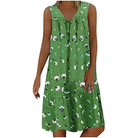 SINGOing Womens Summer V Neck Sleeveless Kaftan Sundress Casual Beach Sun Dress T-Shirt Loose Linen Dresses Plus Size S-5XL Green Cover