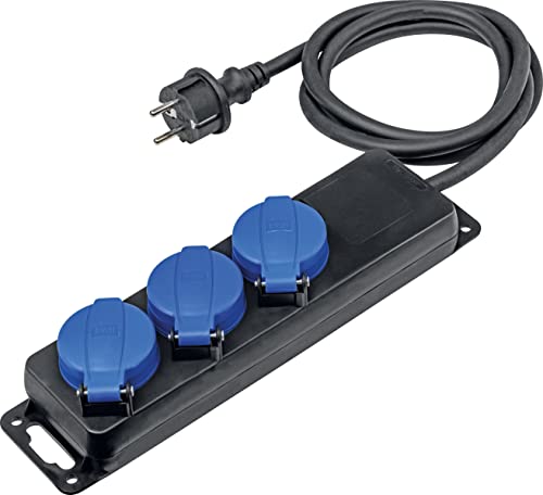 as - Schwabe - Regleta de distribución triple , enchufe múltiple con cable de 1,5 m, tomas múltiples con tapa abatible y montaje en pared 230V, 16A, IP44, negro, 38601 Cover