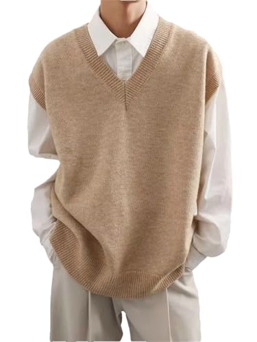 Men's Knit Sweater Vest V-Neck Sleeveless Waistcoat Solid Color Pullover Streetwear Casual Korean Tops