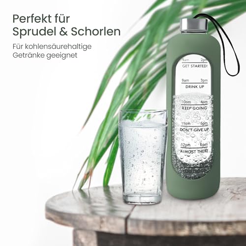Amalindo Trinkflasche Glas 1L – kohlensäuregeeignet – mit Bürste & Silikonhülle – Olivgrün 4