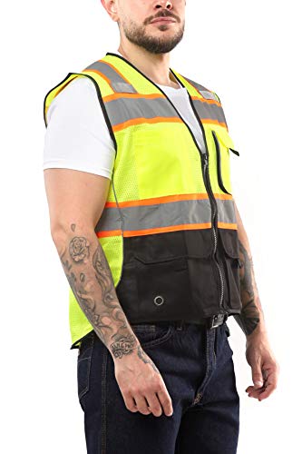 Kolossus High Visibility Mens Safety Vest Apparel With Front Pockets, Silver Orange Reflective Tape, Bottom Class 2 Ansi/Isea Black, X-Large #TOP1