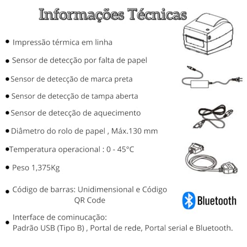 Impressora de Etiquetas Térmica Sem Ribbon USB Ethernet Serial C/Bluetooth Pro Full Envios Cód Barra