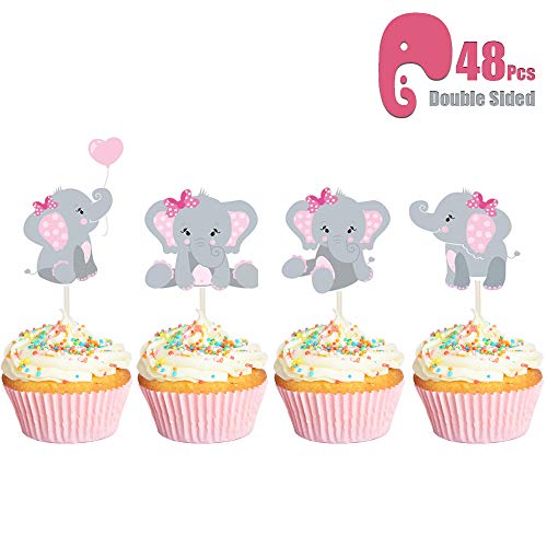 Bomcan 48 Pcs Double Sided Pink Elephant Cupcake Toppers for It is A