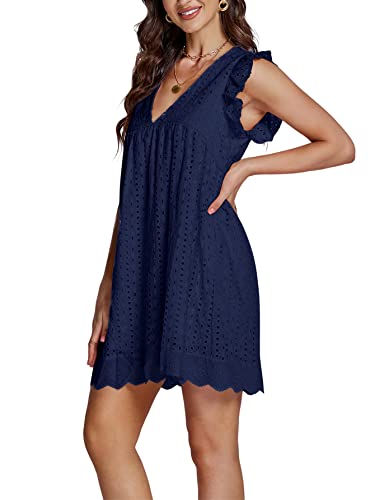 Lyaner Women's Elegant Eyelet V Neck Ruffle Cap Sleeve Tank Babydoll A Line Mini Dress Navy Blue Large #TOP2