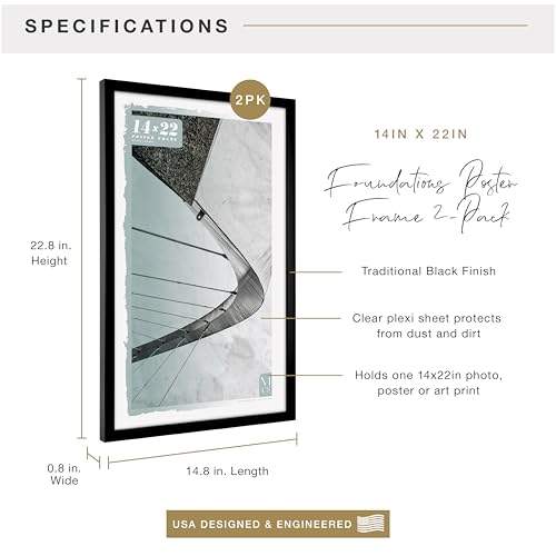 Image of MCS Foundation 14x22 Poster Frame Traditional Black, Vertical & Horizontal Wall Hanging Large Picture Frame for Photos, Posters & Art Prints (2-Pack)