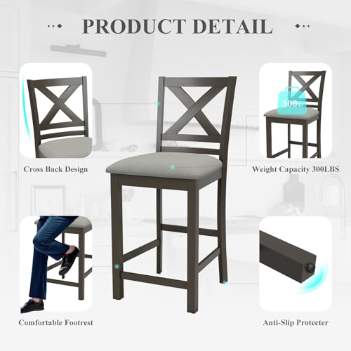 Image of COLAMY Bar Stools Set of 2, Counter Height Bar Stools, Mid Century Modern Barstools with Back, Wood Barstools for Kitchen Dining Room Bar, Dark Grey