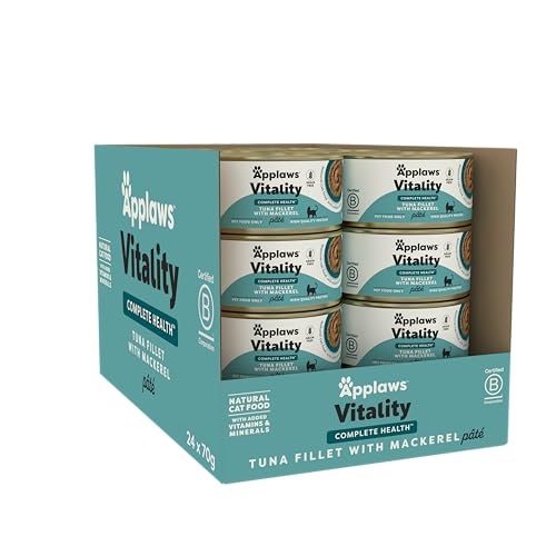 Applaws Vitality Complete Health Natural Wet Cat Food, Tuna Fillet with Mackerel Pâté, 24 x 70g Tins, Grain Free, Adult