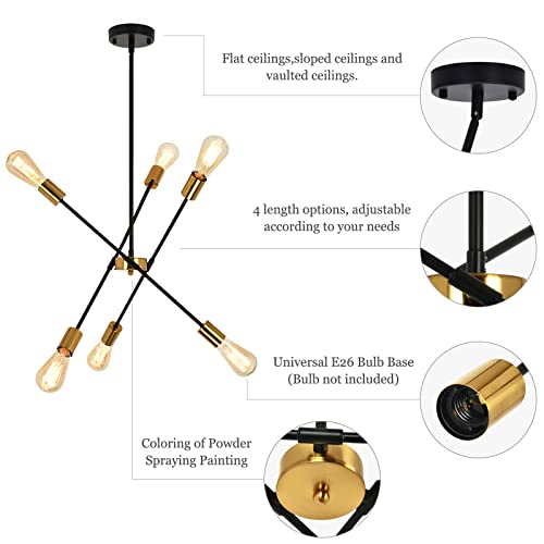 Generies Black And Gold Modern Chandelier, 6-Light Linear Pendant Lighting Mid Century Industrial Sputnik Chandeliers For Living Room Kitchen Dining Room Hallway #TOP6