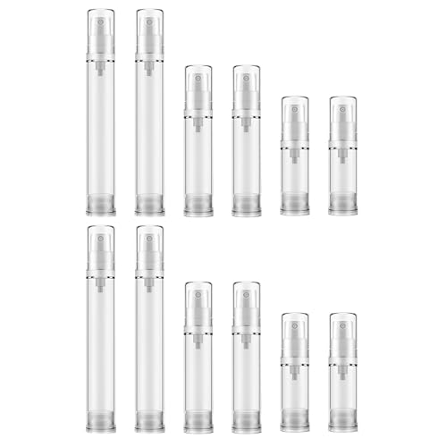 12 Pcs Vacuum Airless Pump Bottles Travel, 0.5oz/15ml 0.35oz/10ml 0.17oz/5ml Clear Plastic Lotion Airless Pump Bottles