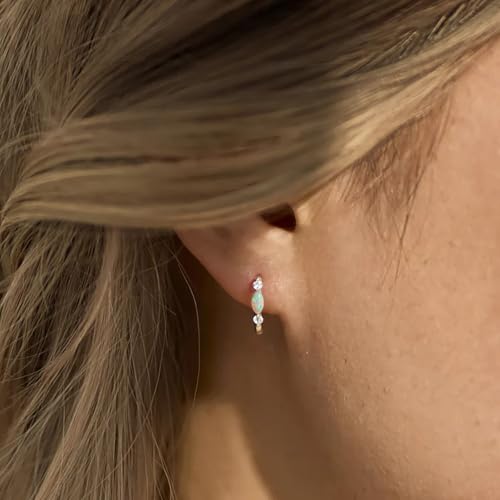 14K Gold Plated Opal Huggie Earrings for Women, Minimalist Small Hoop Earrings with Zircons3