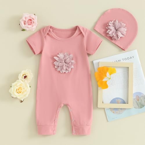 Infant Baby Girl 3D Floral Cotton One Piece Overall Romper with Hat Toddler Baby Long Sleeve Onesie Jumpsuit2