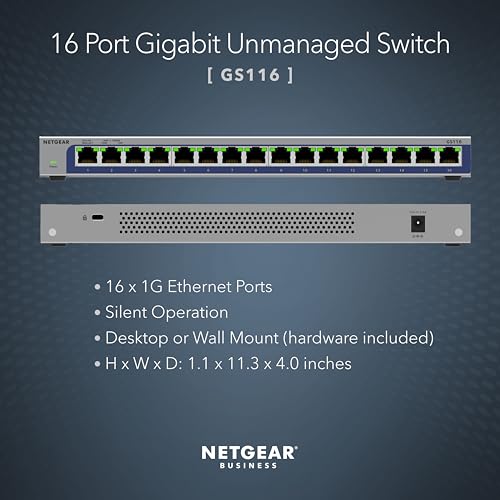 Image of NETGEAR 16-Port Gigabit Ethernet Unmanaged Switch (GS116NA) - Desktop or Wall Mount
