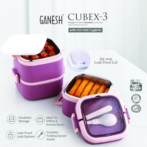 Image of Ganesh 3 Compartment Cubex Insulated Food Container with Attractive Spoon - Airtight Leak-Proof Lunch Box for Office, School, Picnic 1140ml- Peach