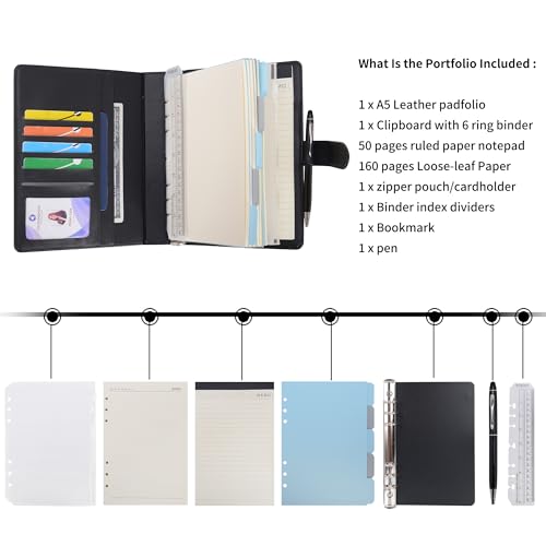 Wason Cuaderno de Cuero PU A5 con Papel Recargable, Carpeta de Anillas Extraíbles con Portapapeles, Bloc de Notas y Bolígrafo para Viajes, Negocios, Organizador de Escuela (Negro) - imagen 3