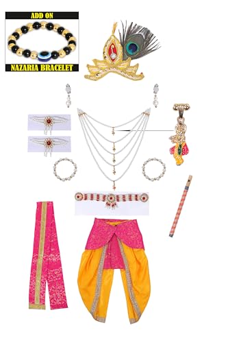 Image of Krishna Dress for Kids, Baby Krishna Dress for Janmashtami with Krishna Mukut, Peacock Feather & Flute Embroidered Krishna Costume for Girl & Boy, 3 Months-8 Years