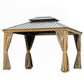 12'x14' Hardtop Gazebo, Wooden Coated Aluminum Frame Canopy with Galvanized Steel Double Roof, Outdoor Permanent Metal Pavilion with Curtains and Netting for Patio, Deck and Lawn(Wood-Looking)