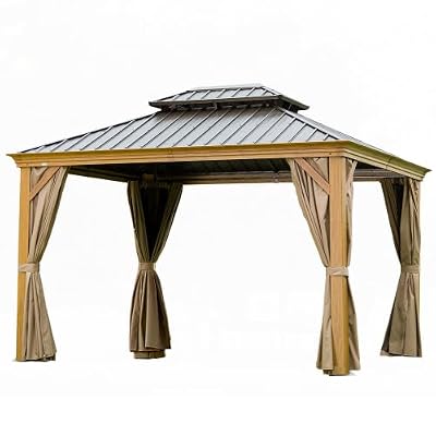 12'x14' Hardtop Gazebo, Wooden Coated Aluminum Frame Canopy with Galvanized Steel Double Roof, Outdoor Permanent Metal Pavilion with Curtains and Netting for Patio, Deck and Lawn(Wood-Looking)