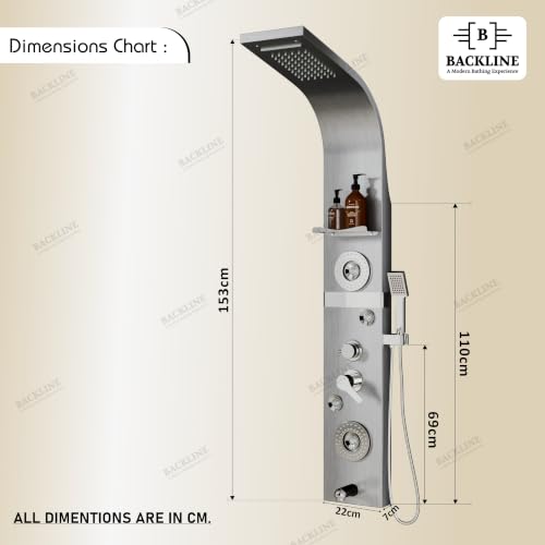 Image of Backline shower panel | 7 In 1 Shower System 304 Grade Stainless Steel | Shower With Storage Shelf, LED Rainfall Shower,Hot & Cold Adjustable,Massage Spray,Hand Shower & Water Spout