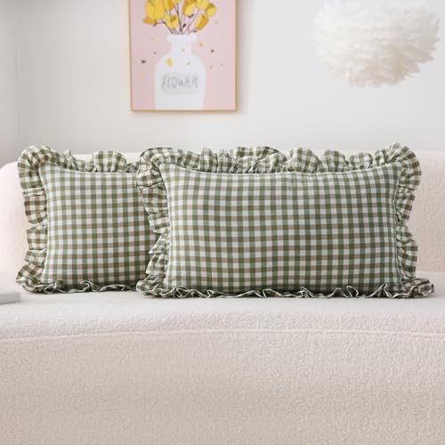 K MASANIJI 2 Pack Sage Green Plaid Ruffle Gingham Lumbar Throw Pillow Shams, 100% Washed Cotton Decorative Checkered Farmhouse Zipper Closure Pillow...