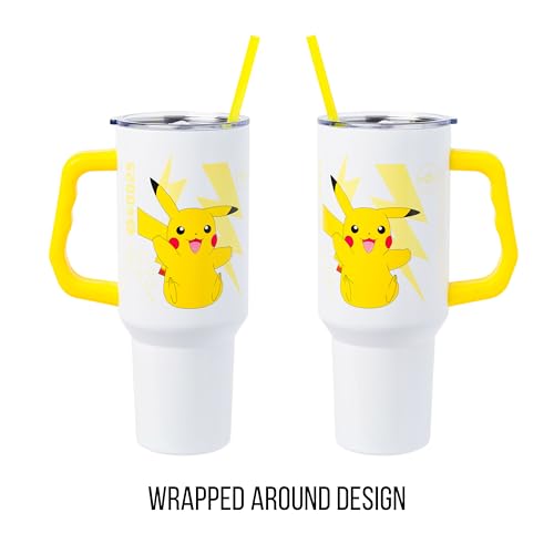 Image of Silver Buffalo Pokemon Double Walled Stainless Steel Tumbler with Handle Featuring Pikachu, Fits in Standard Cup Holder, 40 Ounces