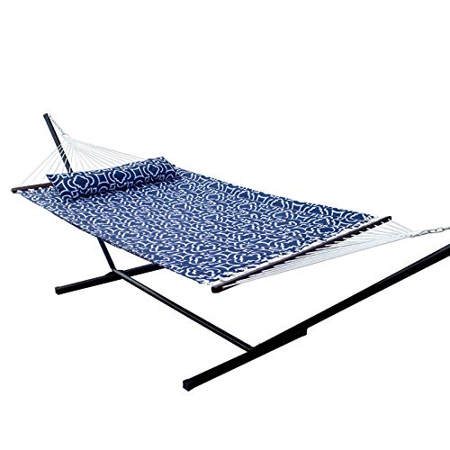 SUNNY GUARD 12.8 FT Hammock with Stand 2 Person Heavy Duty，Quilted Fabric Wood Spreader Bars,Stands & Accessories，for Indoor Outdoor Patio Navy Blue(450 lb Capacity
