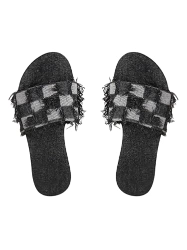 GORGLITTER Women's Denim Flat Sandals Plaid Distressed Round Open Toe Vacation Slide Sandal Slides
