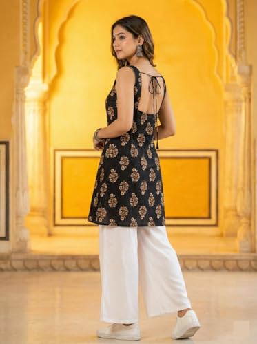 Image of Women's Black Ethnic Printed Kurti | Sleeveless Straight Kurta | Soft 100% Cotton Daily