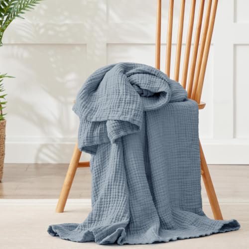 Image of Cotton Muslin Blankets for Adults, 6-Layer Large Throw, 50 x 70, Dusty Blue