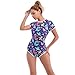 FYMNSI Women Sexy Short Sleeve One Piece Romper Button Crotch Bodysuit Playsuit O Neck Printed Pajama Jumpsuit Pjs Lingerie, Royal Blue - Dino, L