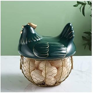 Panier à Oeufs avec poignée, Peut contenir 25 Oeufs Panier de Rangement en Fil d'acier doré, avec Couvercle de Poulet en céramique pour Cuisine, Salon, Table Basse (Couleur : Vert, Taille :