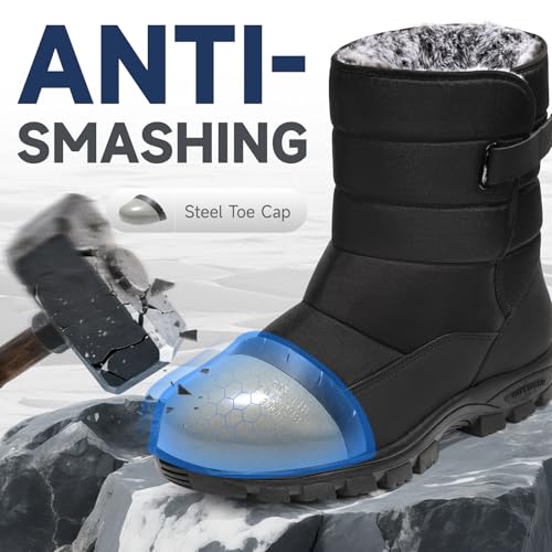 ANGRYRAM Winter Steel Toe Boots for Men Comfortable Insulated Warm Slip on Snow Boots Non Slip Puncture Proof Men's Safety Toe Work Shoes for Industry Construction Outdoor - Image 3