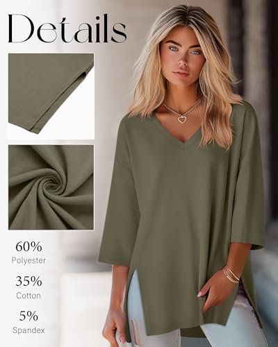 Huukeay 3 Pack Women's 3/4 Sleeve Oversized T-Shirts V Neck Knit Workout Casual Tunic Tops Side Split Loose Basic Tees 5