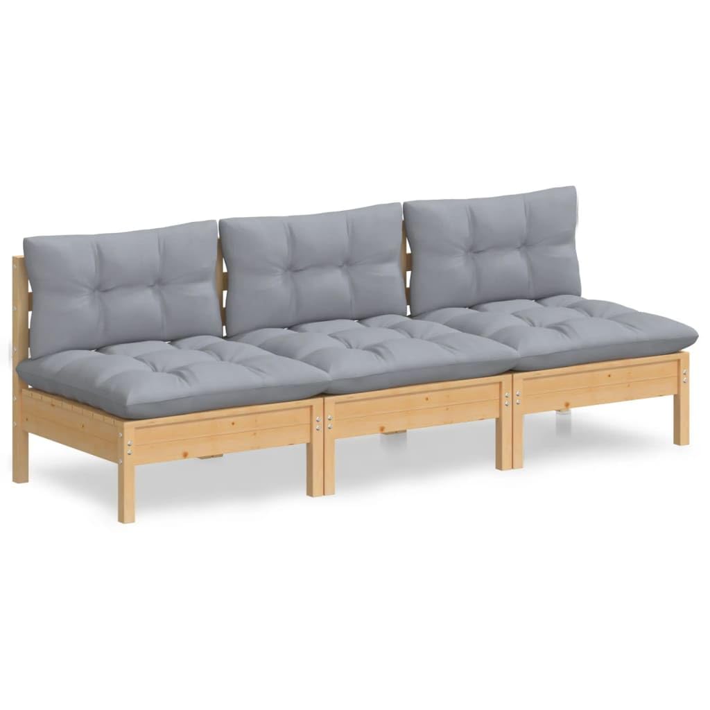 Divano da Giardino 3 Posti in Legno Massello di Pino, Set Modulare con Cuscini Grigi, Salotto da Giardino Esterno, per Terrazzo e Giardino, Colore Grigio, 63.5x63.5x62.5 cm
