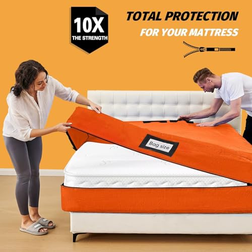 Image of Mattress Bags for Moving, BETU Mattress Protector Waterproof Mattress Cover Queen Size Storage Bags with 8 Heavy-Duty Handles and Zipper for Bed Extra Thick Large Reusable (82 inchx62 inchx15 inch Orange)