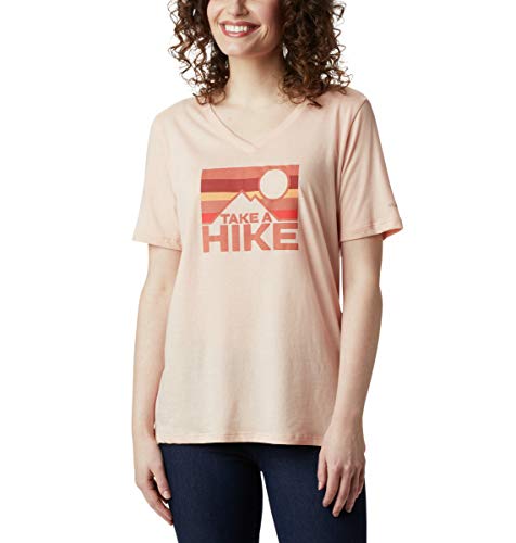 Columbia Women's Plus-Size Mount Rose Relaxed Tee, Peach Cloud Heather/Linear Hike, 1X