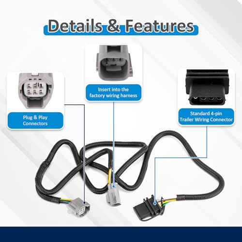 Image of Wsays 4-Pin Plug & Play Trailer Wiring Harness Compatible with Jeep Wrangler JK 2007-2018 (Excluding Fit Right Hand Drive, Limited Edition and Wrangler JL 2018) Connect Tail Brake Signal Turn Light