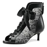 Pixoecuty レディース メッシュ レース ブーティ レースアップ アンクルブーツ ウェディングシューズ オープントゥ 子猫 ヒール ドレッシーな誕生日パーティー, ブラック, 22.0 cm
