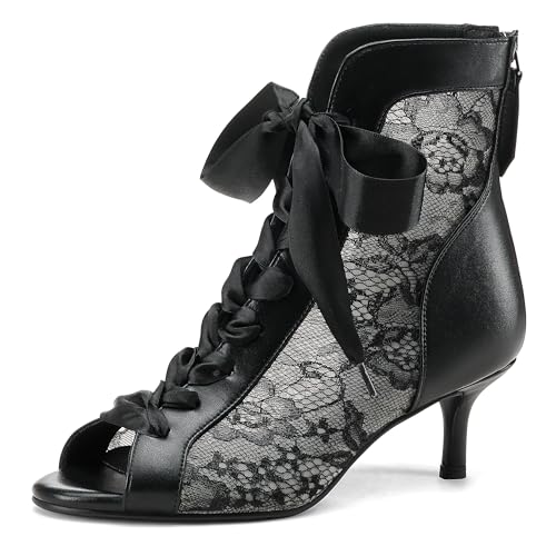 Women's Mesh Lace Booties Lace Up Ankle Boots Wedding Shoes Open Toe Kitten Heels Dressy Birthday Party