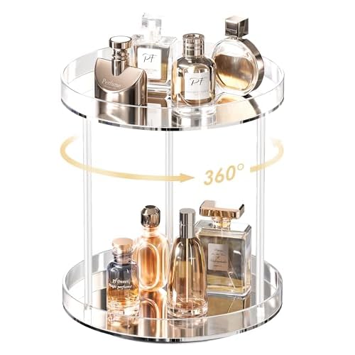 Lolalet 360 Degree Rotating Acrylic Perfume Organizer Stand, 2 Tiers Clear Perfumes Holder Display Rack, Makeup Skincare Organization for Vanity Bathr