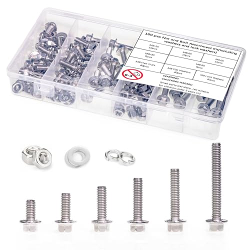 Image of M8-1.25 x 16 /20 /25 /30 /35 Flange Hex Bolt Assortment Kit, 160pcs Stainless Steel Metric Flange Head Bolts and Nuts Set.